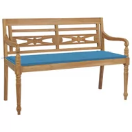 Ławki ogrodowe - vidaXL Ławka Batavia z niebieską poduszką, 120 cm, lite drewno tekowe 3062158 - miniaturka - grafika 1