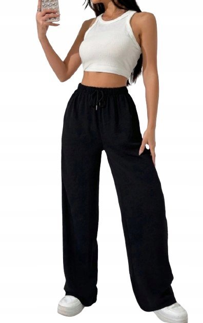 SHEIN CZARNE LUŹNE SPODNIE CASUAL Z WIĄZANIEM W PASIE 38 1HA