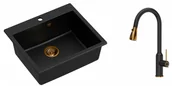 Zlewozmywaki z baterią - Quadron Zlewozmywak granitowy jednokomorowy 57*50*22 cm MORGAN 110 PURE CARBON czarny z miedzianym odpływem z baterią JESSICA Q LINE PURE CARBON z wyciąganą wylewką i funkcją prysznica kolor czarny mat/wykończenie miedź - miniaturka - grafika 1