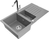 Zlewozmywaki z baterią - Mexen Matias zlewozmywak granitowy 1,5-komorowy z ociekaczem i baterią kuchenną Flora, szary - 6502-71-670401-07 - miniaturka - grafika 1