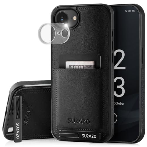 SURAZO Skórzane etui do Apple iPhone 16e z ochroną aparatu – tylna strona etui na telefon komórkowy z prawdziwej skóry [funkcja stojaka] [kółko na klucze], odporne na uderzenia etui ochronne z