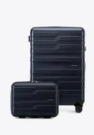 Walizki - Średnia walizka i kosmetyczka z polikarbonu w poziome pasy granatowe - miniaturka - grafika 1