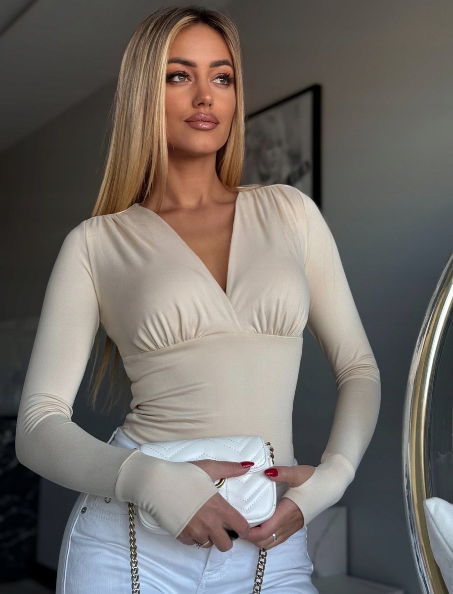 Elegancka Bluzka Marina NOWA KOLEKCJA Nakładany Palec Beż L