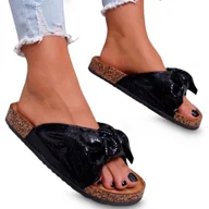 Klapki i japonki damskie - Klapki Damskie Lekkie na Korkowej Podeszwie Wendy Metallic Czarne 38 - miniaturka - grafika 1