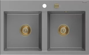 Mexen Hektor zlewozmywak granitowy 2-komorowy 800 x 490 mm, szary, syfon złoty - 6521802000-71-G - Zlewozmywaki - miniaturka - grafika 1