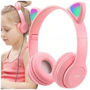 Słuchawki - Słuchawki bezprzewodowe LED RGB nauszne Bluetooth 5.0 dla dzieci z uszami kota kocie uszy Różowe - miniaturka - grafika 1