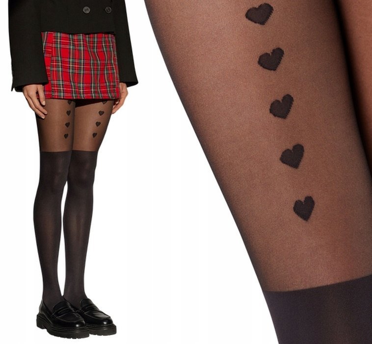 Rajstopy gładkie Calzedonia walentynki serca ładne a la pończochy czarne 5/XL