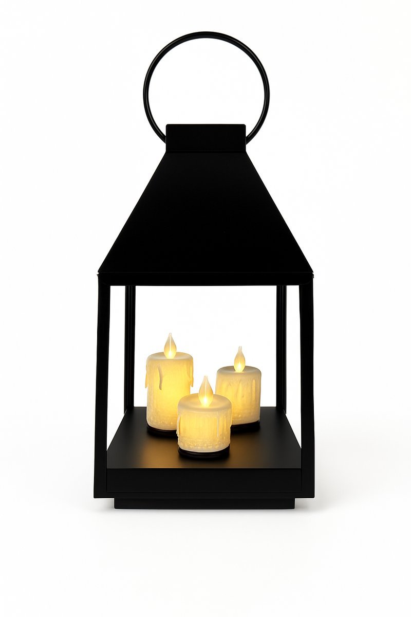 Lampion latarenka czarna 25 cm z 3 świeczkami LED dekoracja