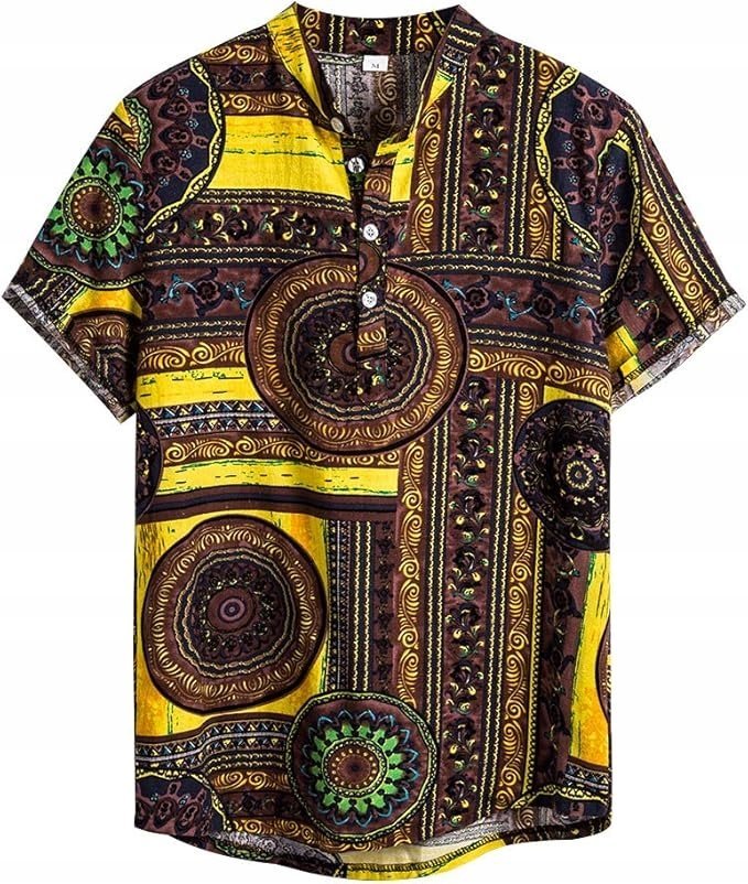 KOSZULA MĘSKA L Lniana krótki rękaw casual retro wzór letnia LEN BAWEŁNA