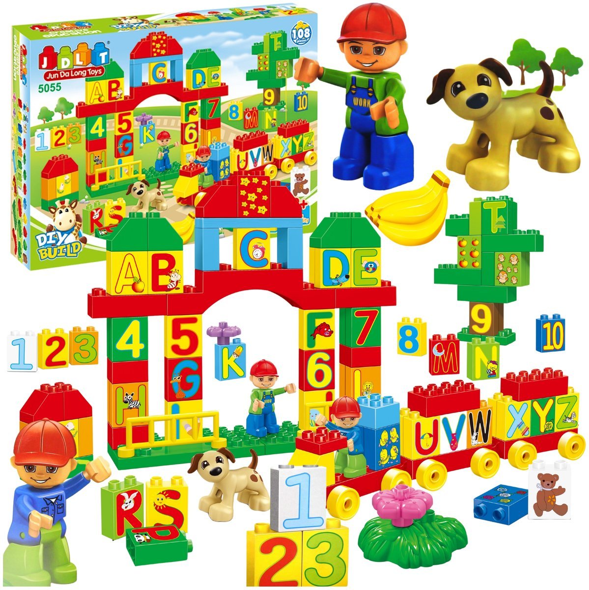 KLOCKI KONSTRUKCYJNE EDUKACYJNE MIASTO POCIĄG LITERKI CYFERKI 108 EL. 3+