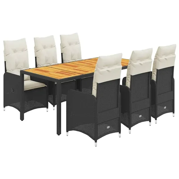 Zestaw bistro ogrodowy czarny z poduszkami, 6 krzeseł i stół 190x90x75 c