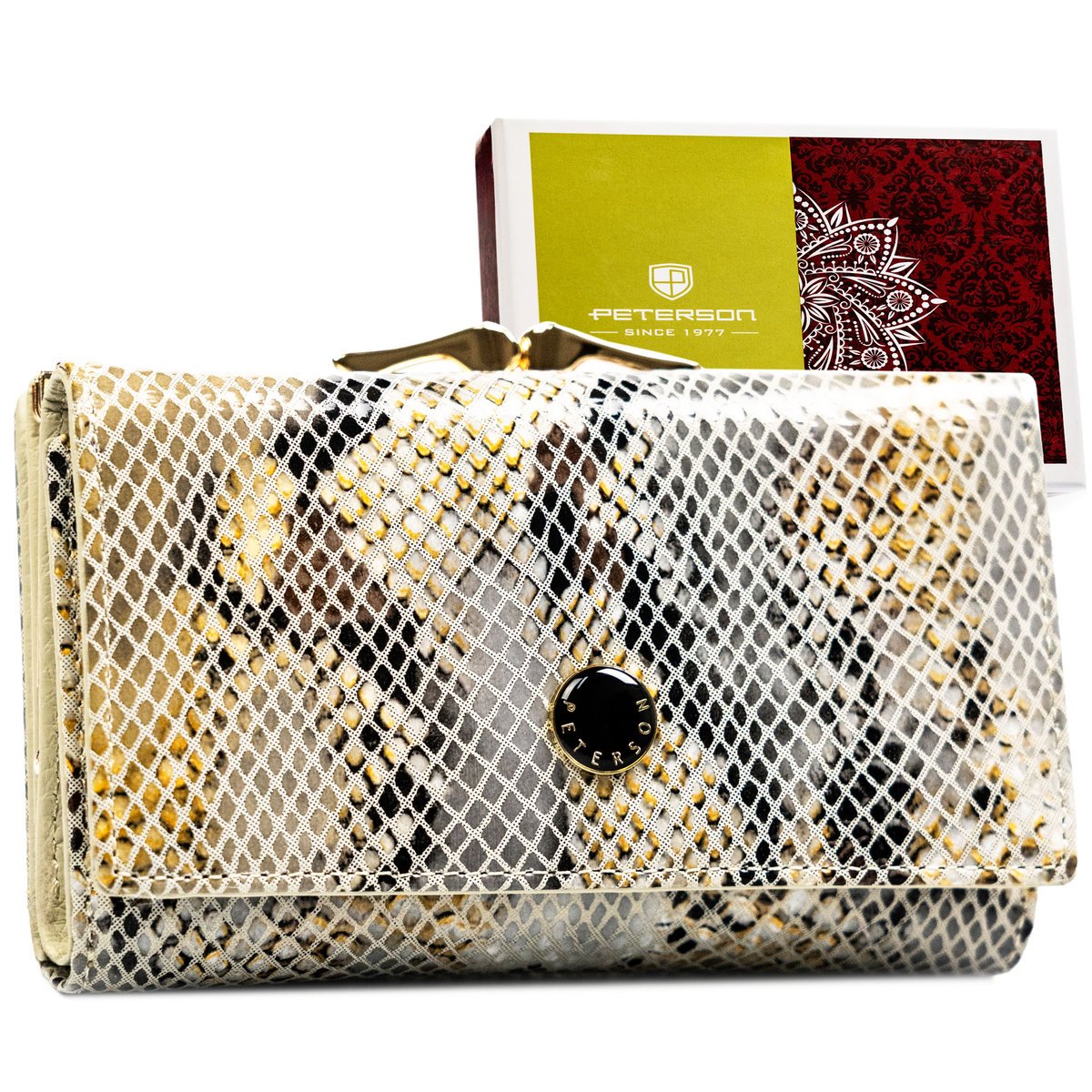 Elegancka portmonetka na zatrzask i bigiel beżowa lakierowana PETERSON średniej wielkości skórzany poziomy portfel damski rozbudowany na karty i dok..