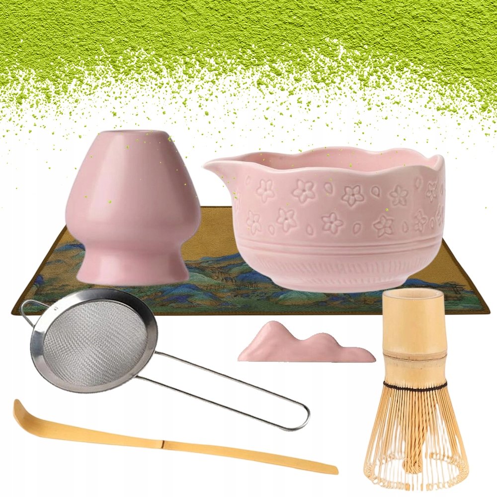 Różowy Zestaw Do Matcha 450ML Ceramiczny Z Sitkiem I Ręcznikiem