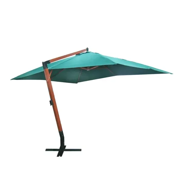 Duży zielony podwieszany parasol 3x4 m z drewnianym słupem, 2,85 m wysoko