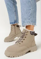 Botki damskie - Beżowe Traperki Mocno Ocieplone z Dodatkowym Sznurowaniem Lakyt - miniaturka - grafika 1