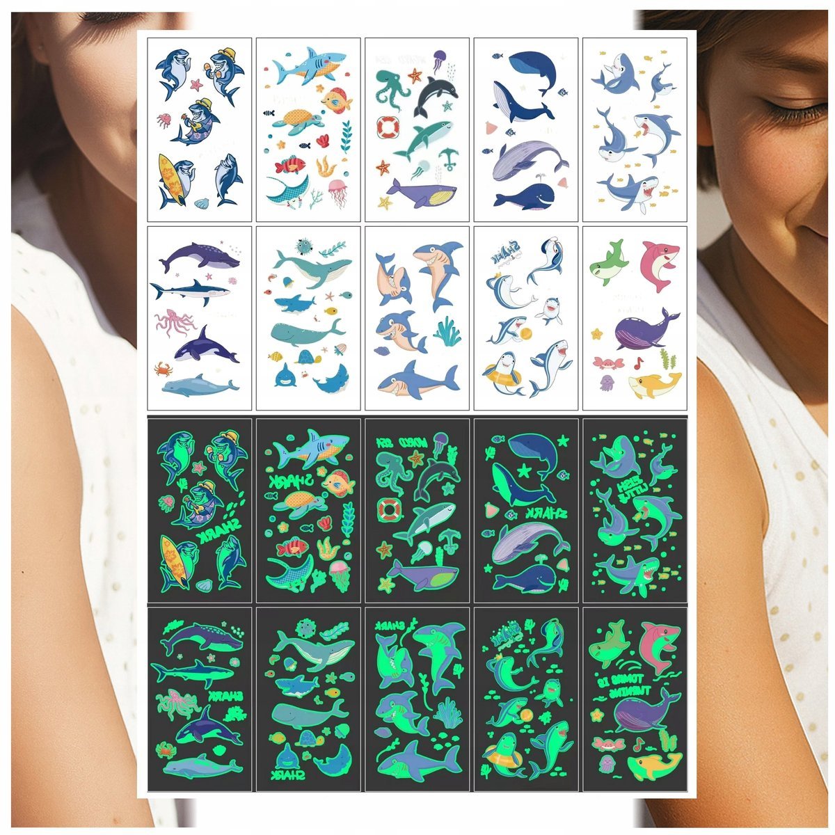 Tatuaże Zmywalne Świecące w Ciemności Woda Ryby 10 Wzorów