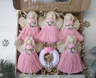 Aniołki makrama na choinkę ozdoby świąteczne zestaw box prezent różowy - Ozdoby bożonarodzeniowe - miniaturka - grafika 1