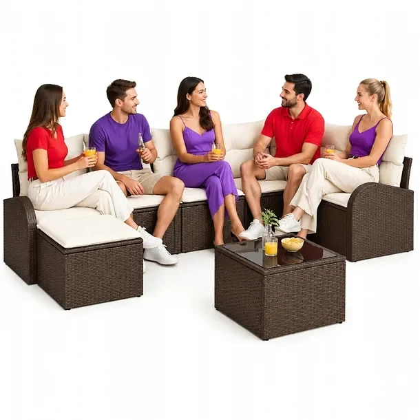 Zestaw Sof Ogrodowych Modularny Rattan Brązowy 5 Elementów
