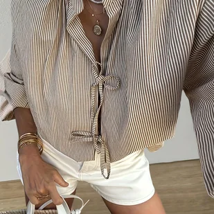 TEMU Bluzka damska w paski z wiązaniem na szyi - długi rękaw, koszula z guzikami w beżowym i białym pasku w pionie, idealna na wiosnę/jesień, - Koszule damskie - miniaturka - grafika 1