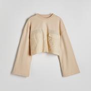 Bluzy damskie - Reserved - Krótka bluza z łączonych materiałów - Beżowy - miniaturka - grafika 1