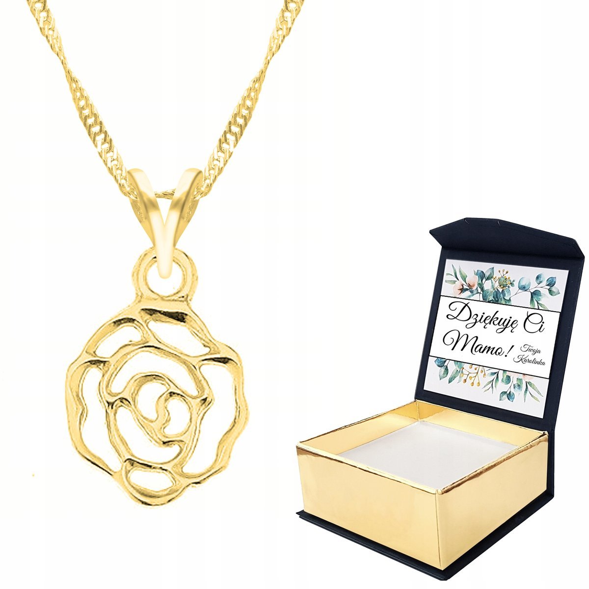 Naszyjnik złoty Róża Kwiat Kwiatek + WŁASNY NADRUK