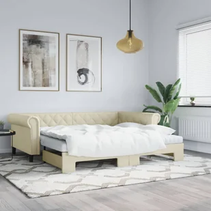 vidaXL Sofa rozsuwana z materacami, kremowa, 90x200 cm, sztuczna skóra - Sofy i kanapy - miniaturka - grafika 1