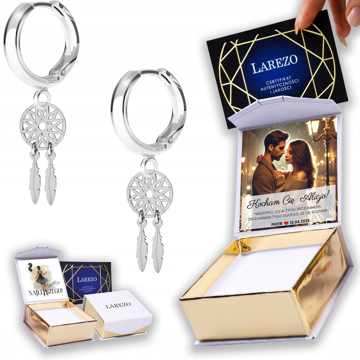 Kolczyki Srebrne 925 Łapacze Snów z Piórkami Gwiazdki Pióra Piórka NADRUK