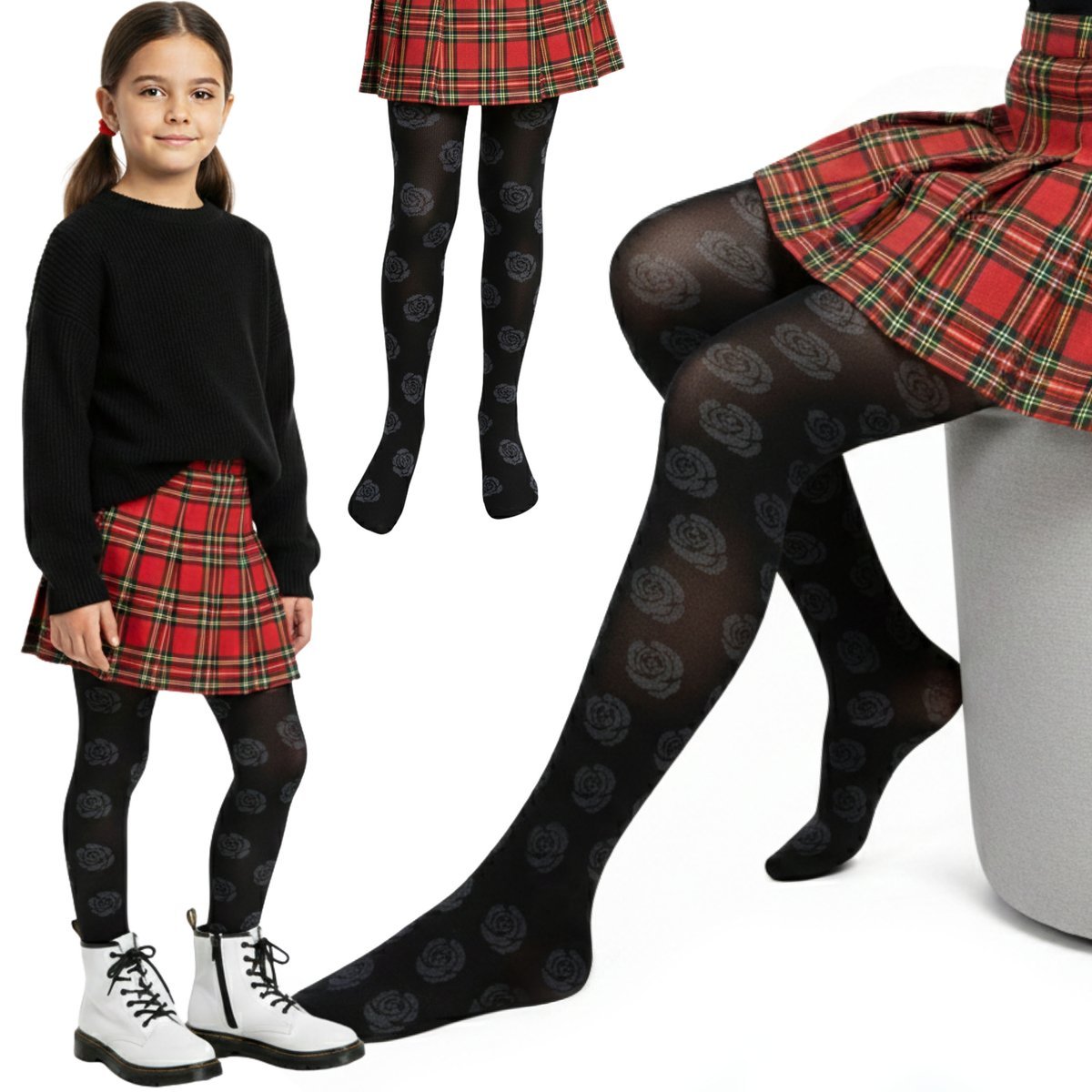 Komplet 2 par RAJSTOP dla dziewczynki – CZARNE z kwiatowym wzorem, miękkie i trwałe 7-8 lat 128 cm