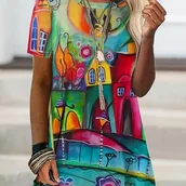 Bluzki damskie - TEMU Fantasy Charm Kolorowa Koszulka z Krótkim Rękawem dla Kobiet – Wesoły Nadruk Domowy, Idealna na i Wakacje, Luźny Fason Artystyczne Druki - miniaturka - grafika 1