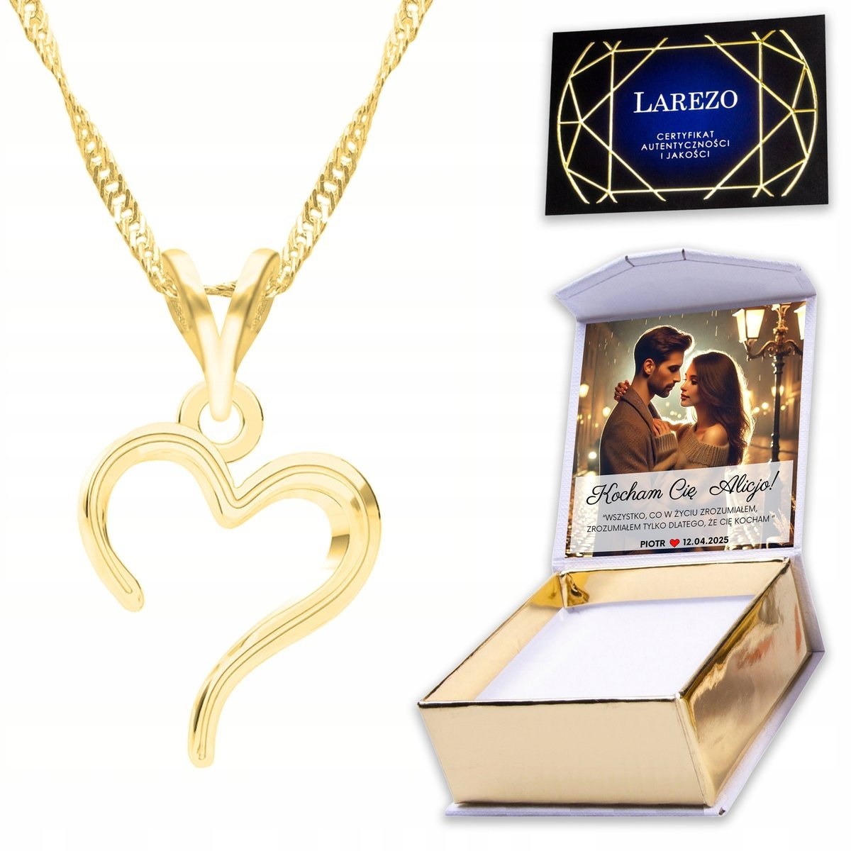 Złoty Naszyjnik 925 z Sercem Serduszkiem Heart Love Serce Serduszko NADRUK