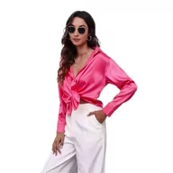 Koszule damskie - Clotth Damska koszula z długim rękawem z satynowego jedwabiu Button Down Shirt, Różowa czerwień-m, M - miniaturka - grafika 1