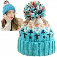 Czapki damskie - Czapka Zimowa Damska Z Pomponem Beanie Ocieplana Na Zimę Niebieska - miniaturka - grafika 1