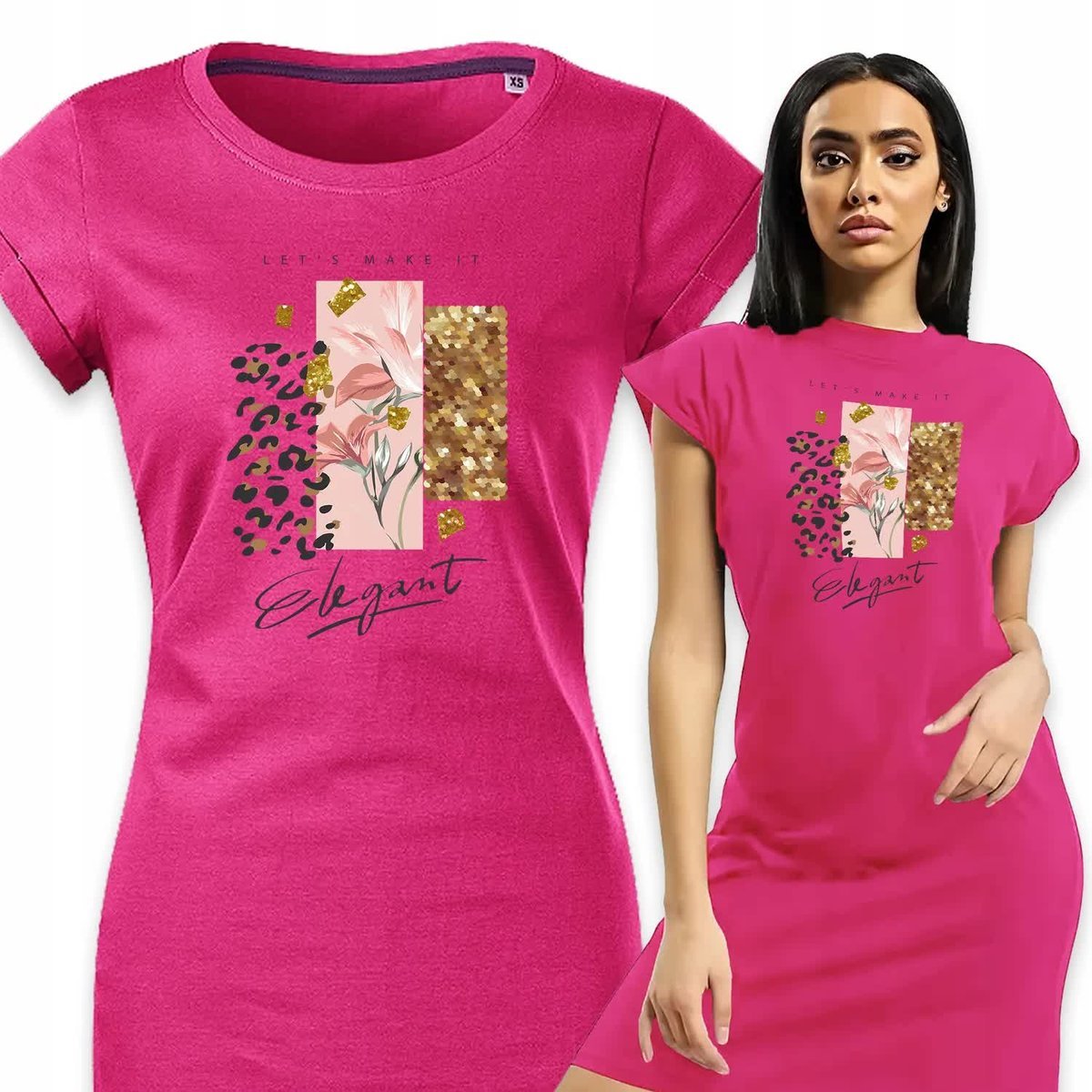 PIŻAMA DAMSKA FUKSJOWA Koszula Nocna Na Prezent MAKE IT ELEGANT Wzory - S