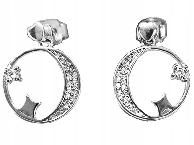 Srebrne kolczyki 925 wiszące kółeczka księżyc z gwiazdami białe cyrkonie
