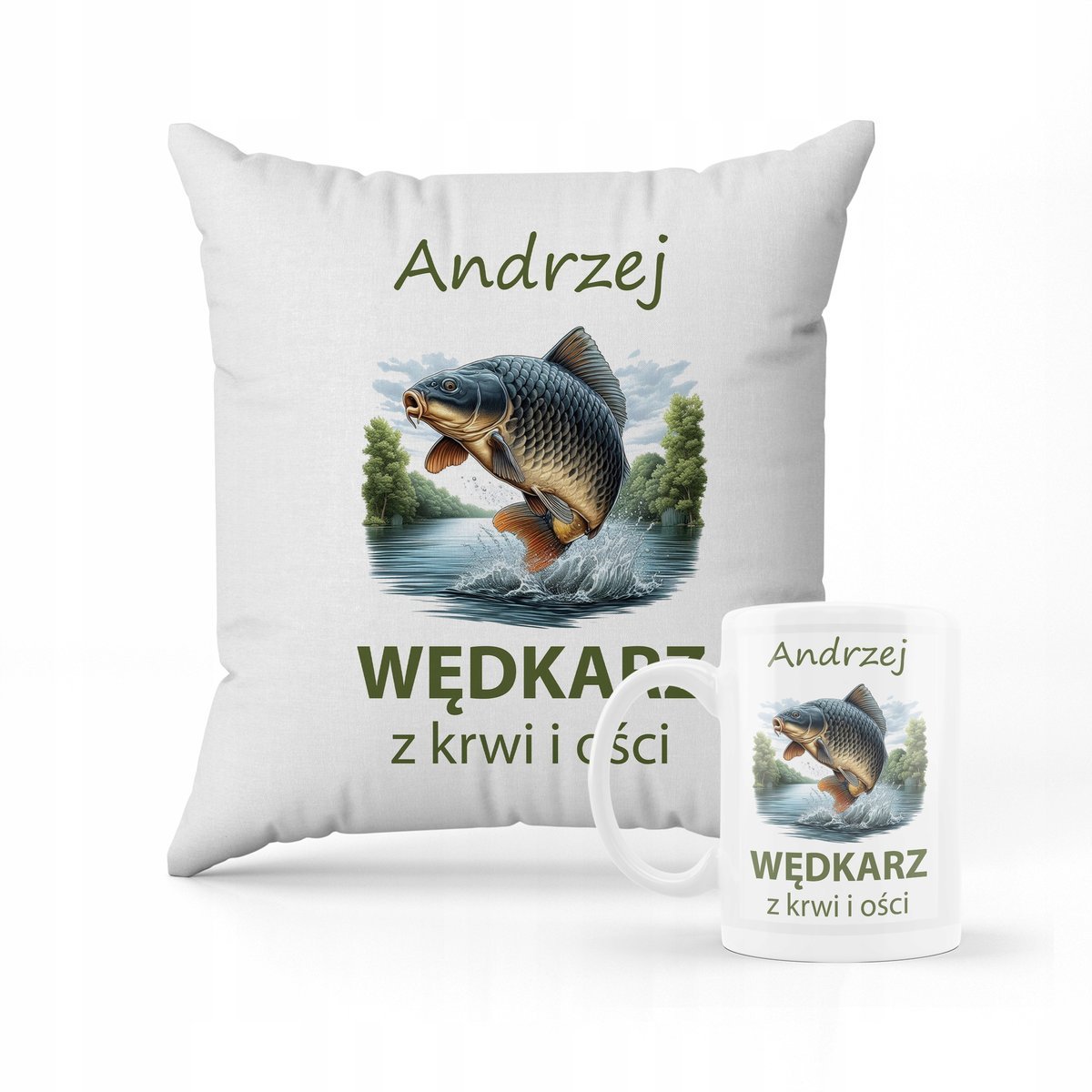 ZESTAW PODUSZKA + KUBEK Prezent dla wędkarza + IMIĘ 6
