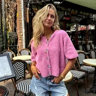 Swetry damskie - TEMU Kardigan Damski Wiosna/, Casual Jednokolorowy, Okrągły Dekolt, Krótki Rękaw, Zapięcie na Guziki z Przodu - miniaturka - grafika 1