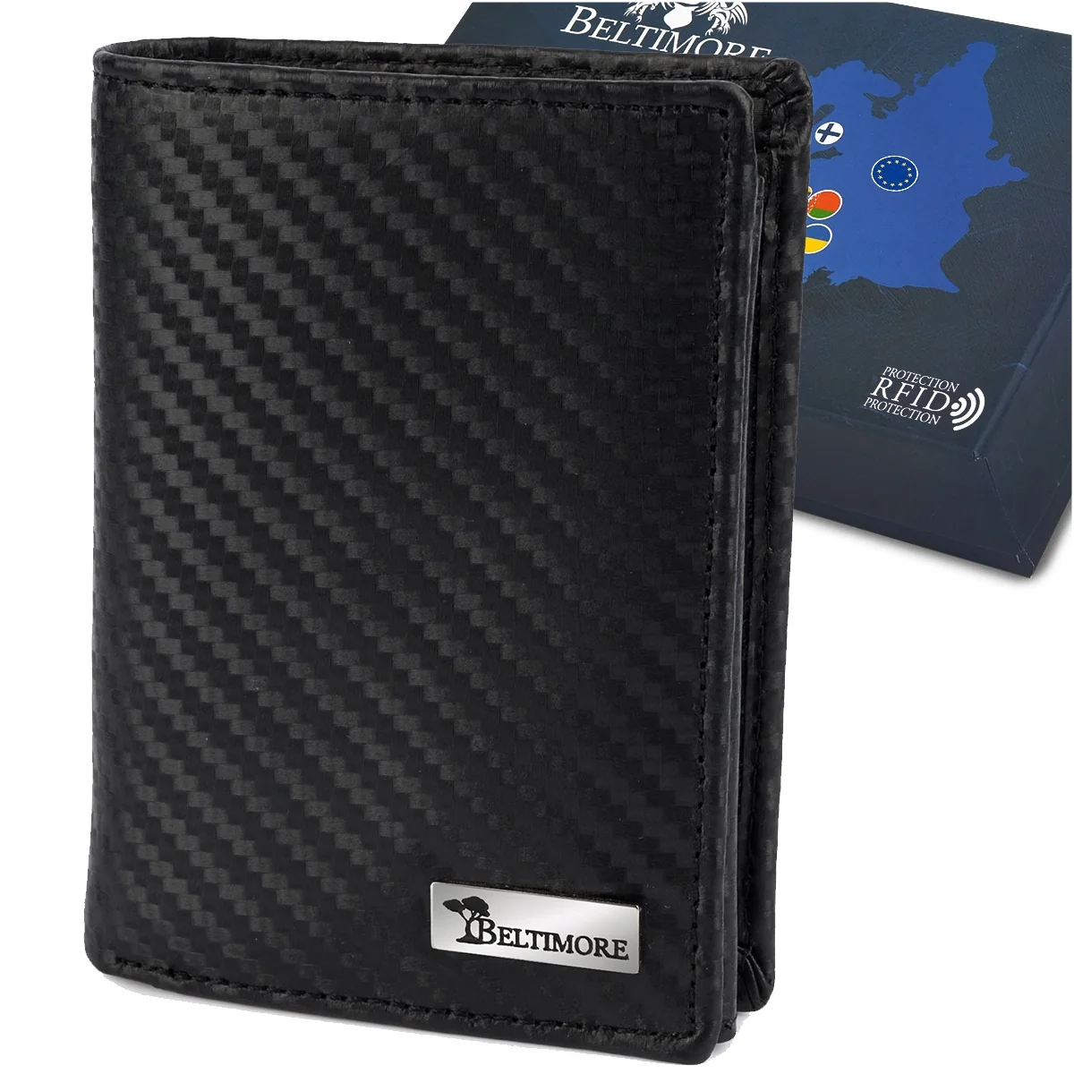 Męski portfel skórzany klasyczny RFiD duży czarny carbon premium Beltimore