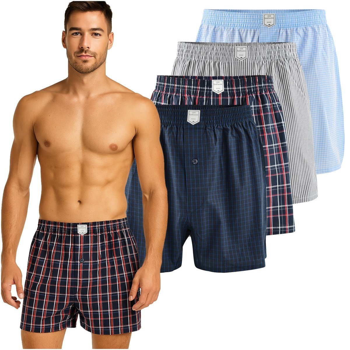 Lee Cooper Bokserki Męskie Luźne 4 sztuki Zestaw Bawełna Kratka Granat Rozmiar L