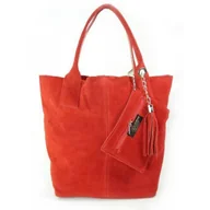 Torebki damskie - ZAMSZ NATURALNY WŁOSKA TORBA XL A4 SHOPPER BAG SKÓRZANA CZERWONA W567R - miniaturka - grafika 1