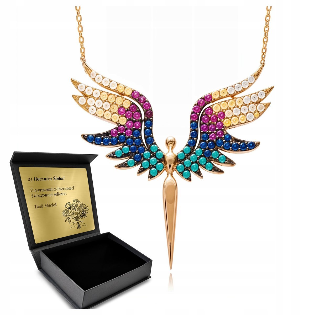 Łańcuszek Wsiorek Pozłacany Srebrny Pięknie Zdobiony Anioł Skrzydła Grawer