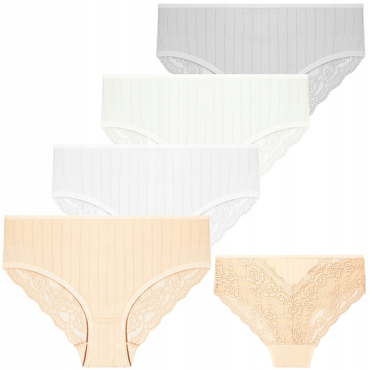 4X MAJTKI DAMSKIE BIKINI PRĄŻKOWANE Z KORONKOWYM TYŁEM WYGODNE MORAJ L