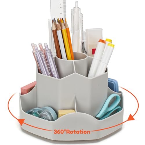 Euqvunn Obrotowy Pojemnik na Długopisy i Ołówki do Biurka, Organizer z 9 Niezależnymi Przegrodami, 360° Organizer na Makijaż, Oszczędzający Miejsce Pojemnik na Długopisy dla Dzieci(Szary)