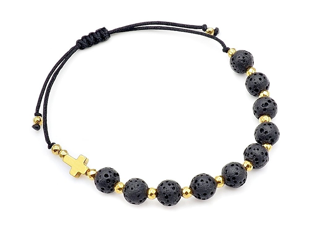 Bransoletka różaniec lawa wulkaniczna hematyt złoty regulowana krzyż