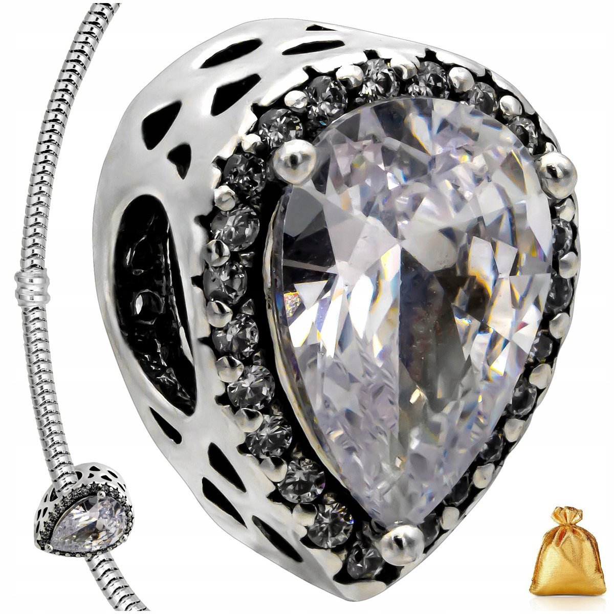 Srebrna Zawieszka Charms Koralik Z Cyrkoniami / Srebro 925 + Biały Kamień