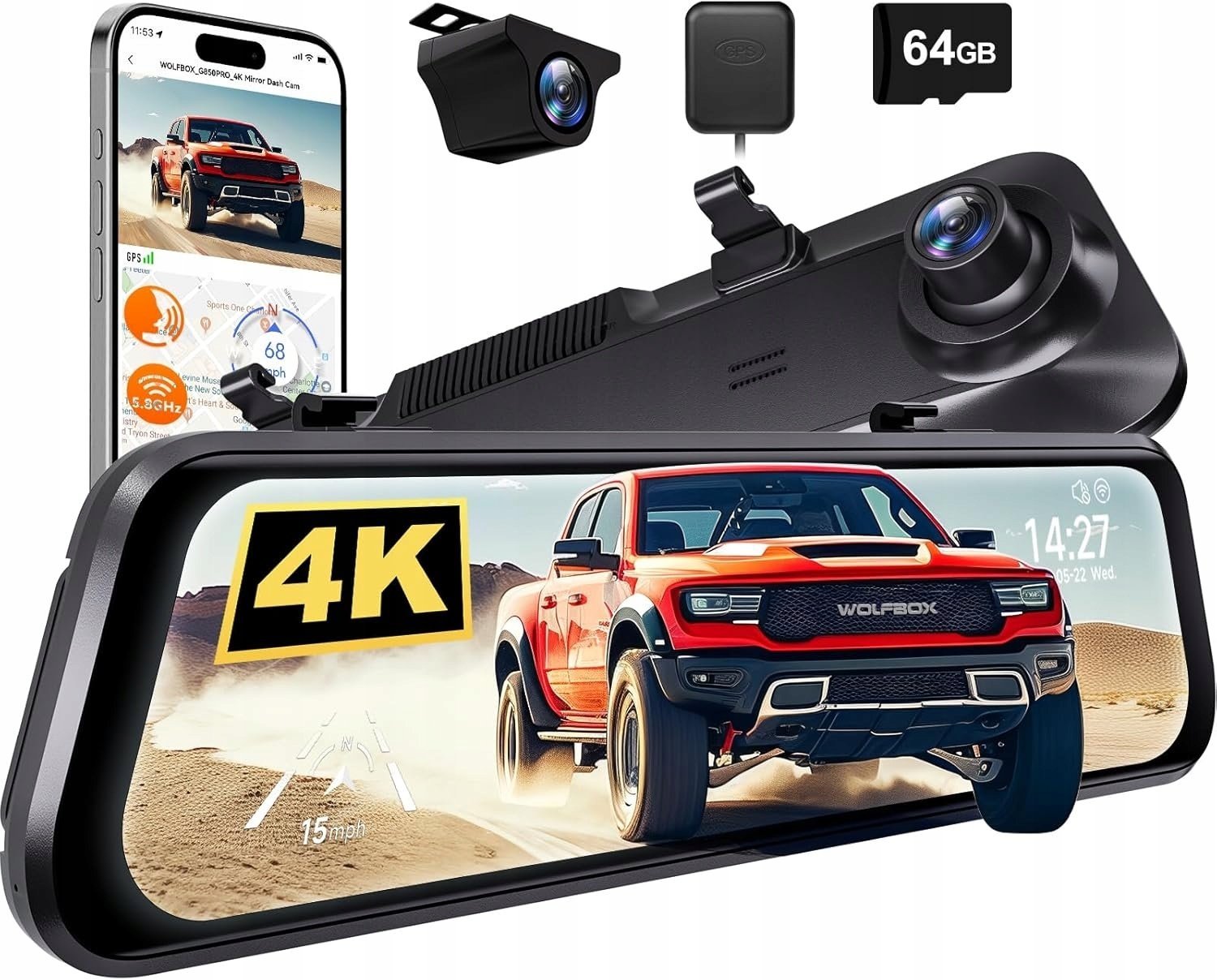 Dod Tech WOLFBOX G850 PRO lustrzana kamera samochodowa 12'' 4k 64 GB GPS WiFi