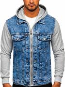 Kurtki męskie - Niebieska kurtka jeansowa męska z kapturem Denley HY1017 - miniaturka - grafika 1