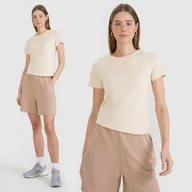 Koszulki i topy damskie - Koszulka Damska 4F T-shirt Slim Fit Basic Bawełna Beżowa TTSHF2351 XXL - miniaturka - grafika 1