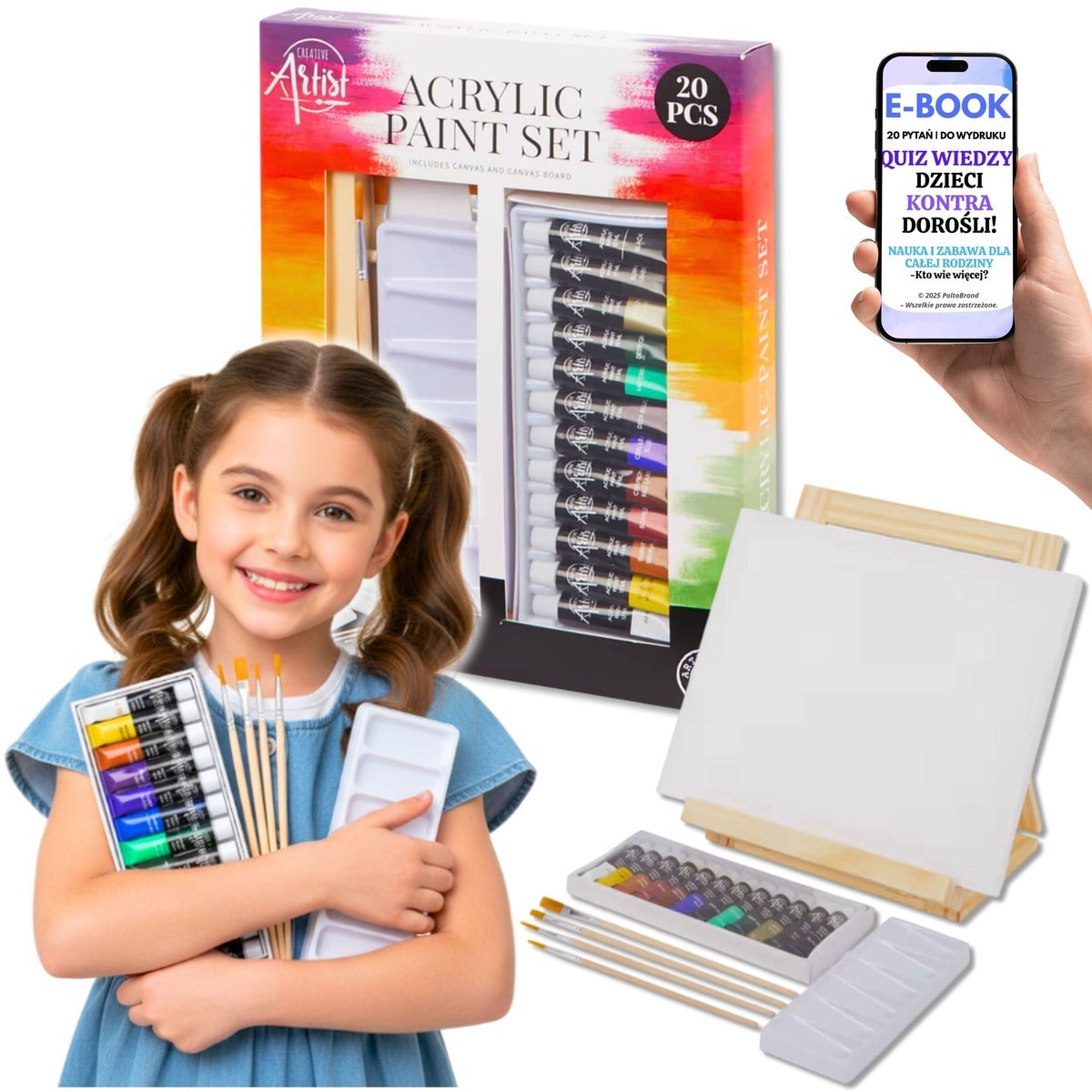 FARBY DO MALOWANIA Akrylowe 20 elementów ZESTAW MALARSKI ARTYSTYCZNY – Prezent dla Artysty Dziecka Wnuczki + EBOOK-2