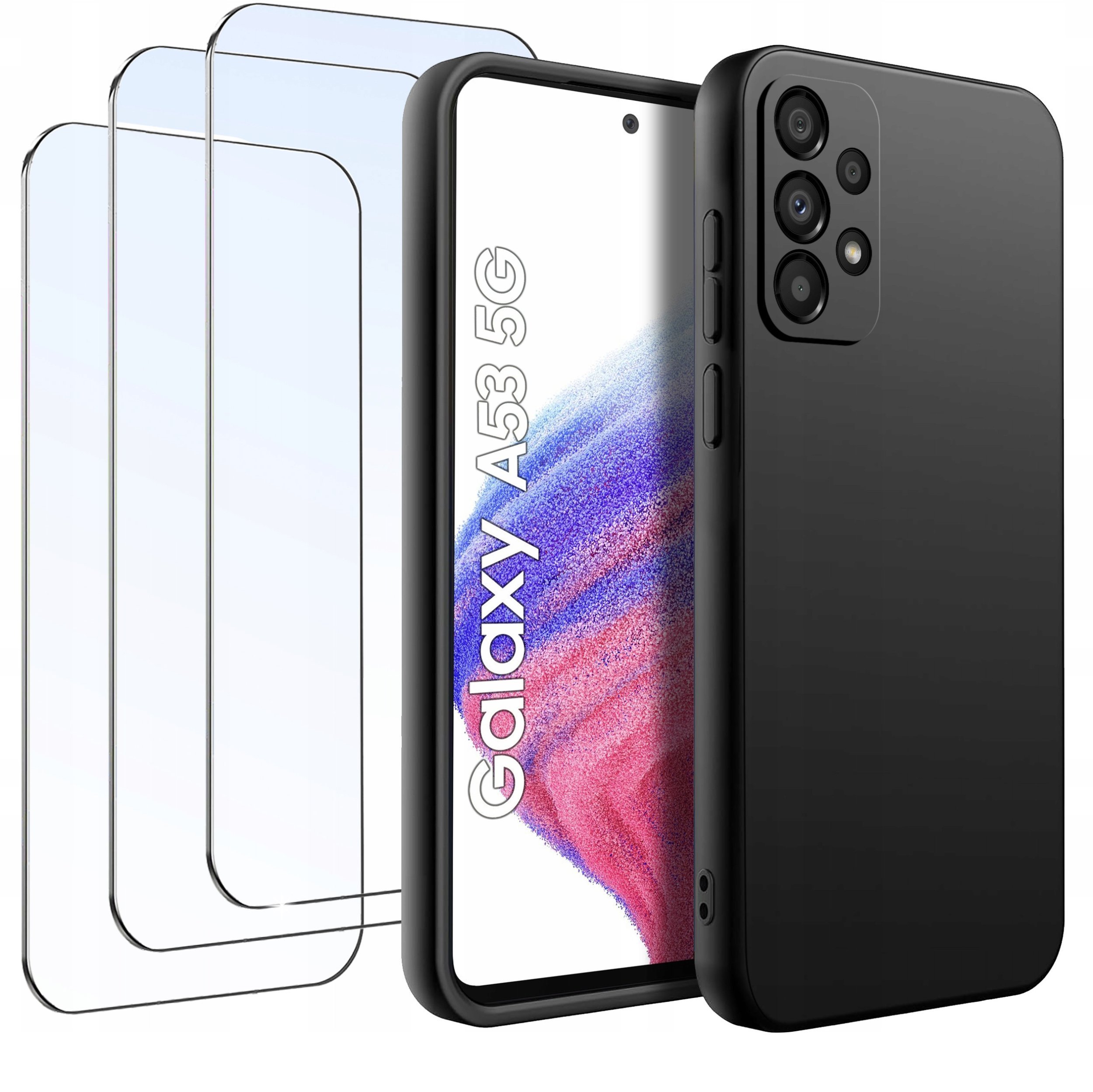 ZESTAW Etui do Samsung A53 5G Matowe Czarne Silikon Slim +3 SZTUKI SZKŁO