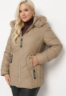 Ciemnobeżowa Kurtka Pikowana z Odpinanym Kapturem i Futerkiem Ittella - Kurtki damskie - miniaturka - grafika 1